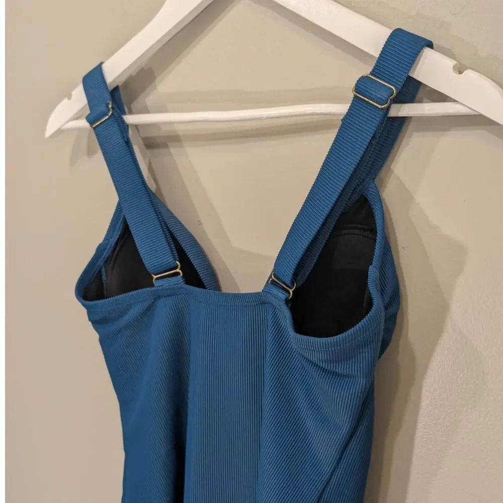Kona Sol Ribbed Zipper Swimsuit Teal Retro Revival Mermaid Beach Luxury - Size S